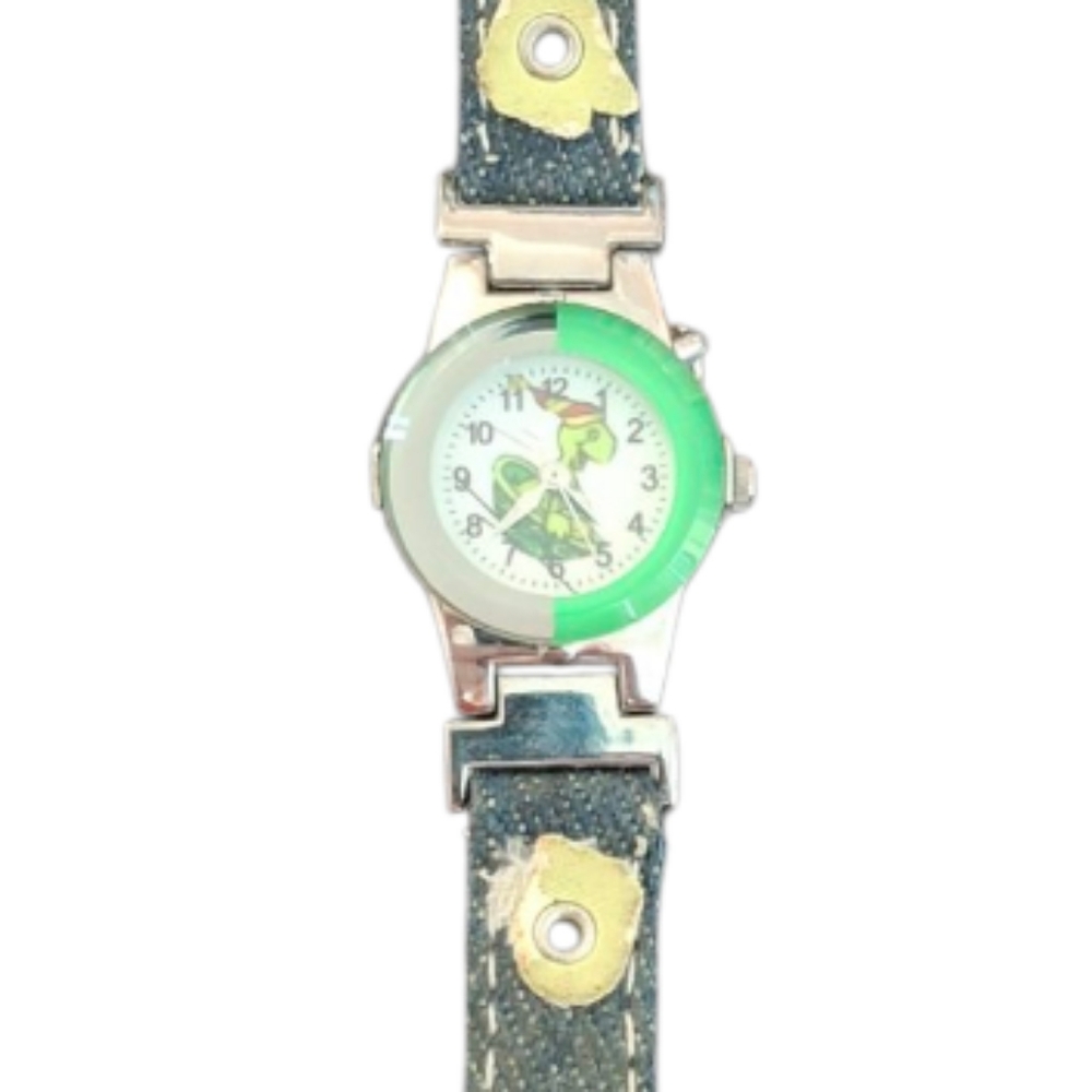 VINTAGE Denim Strap Watch with Green Dial In Working Order